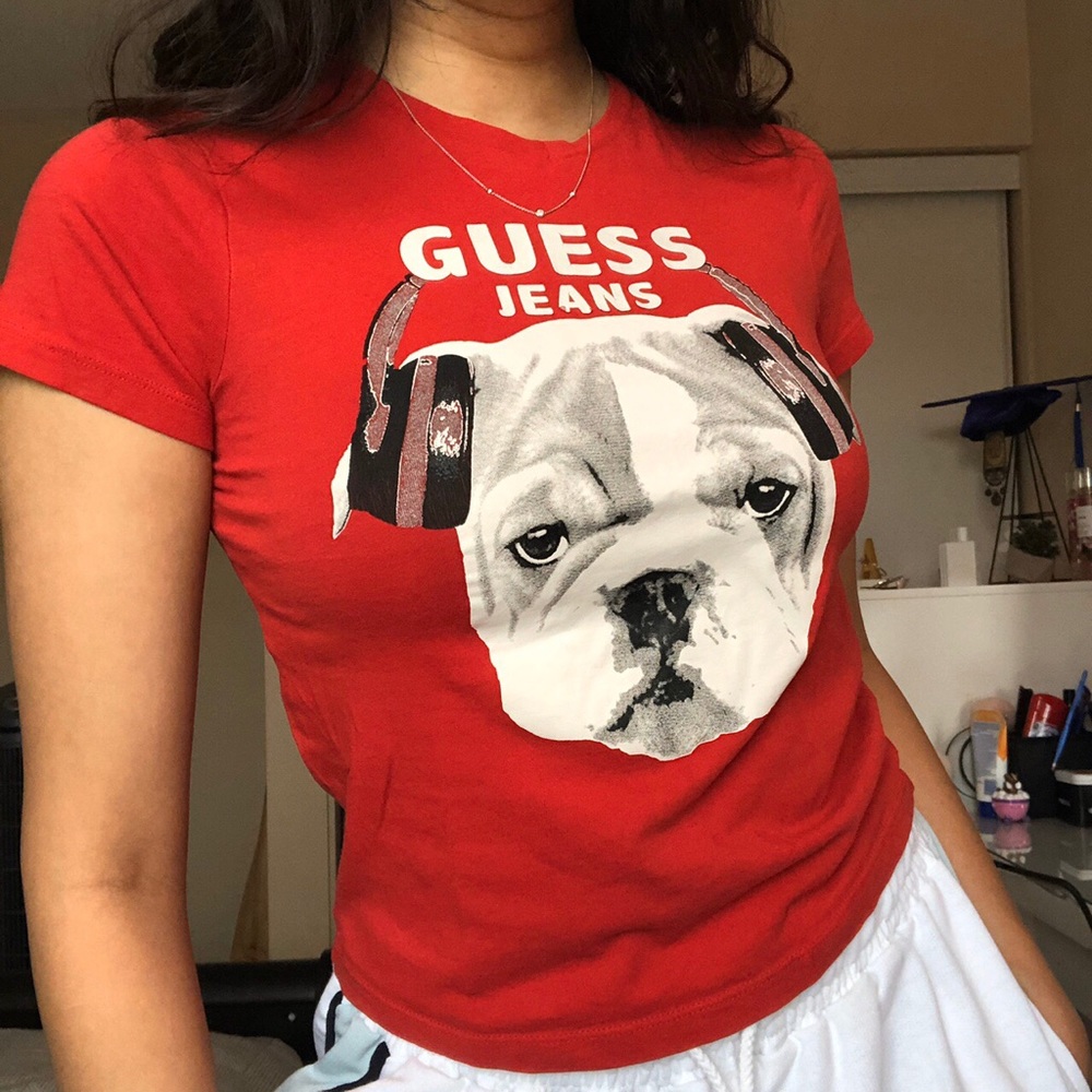 Guess jeans red dog t shirt